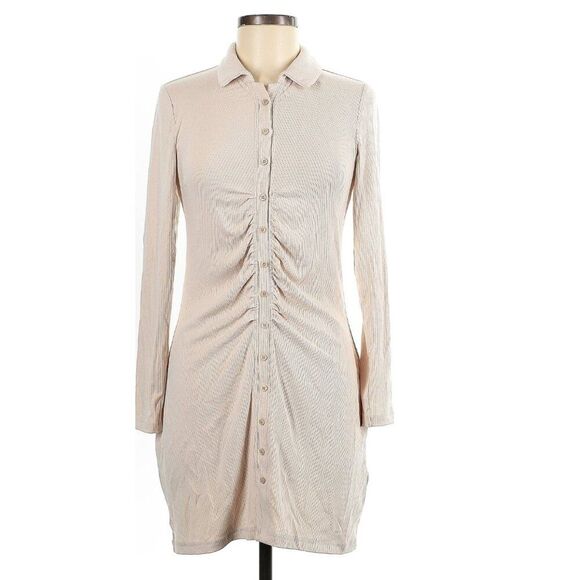 Abercrombie & Fitch NWT Beige Ruched Button Long Sleeve Mini Dress Size MP - Picture 1 of 10
